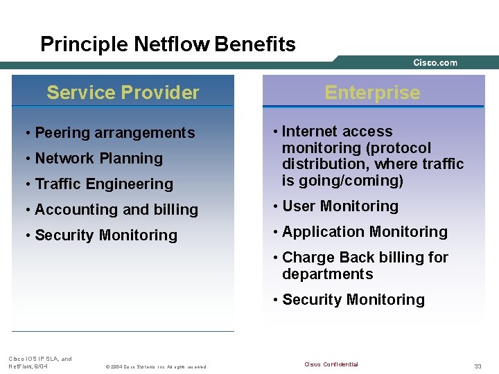 Principle Netflow Benefits Service Provider Enterprise • Traffic Engineering • Internet access monitoring (protocol