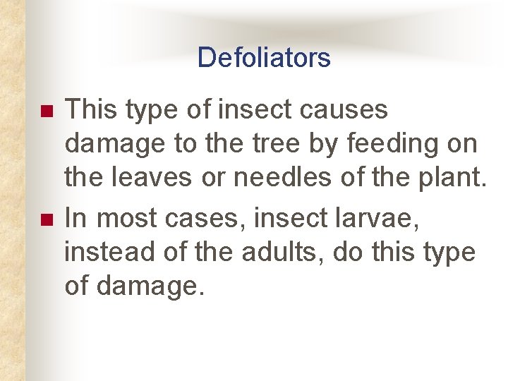 Defoliators n n This type of insect causes damage to the tree by feeding Defoliators n n This type of insect causes damage to the tree by feeding
