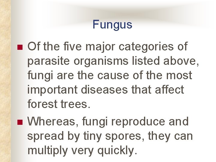 Fungus n n Of the five major categories of parasite organisms listed above, fungi Fungus n n Of the five major categories of parasite organisms listed above, fungi