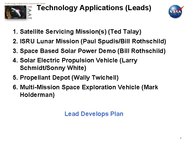 Technology Applications (Leads) 1. Satellite Servicing Mission(s) (Ted Talay) 2. ISRU Lunar Mission (Paul