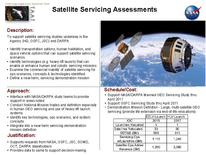 Satellite Servicing Assessments Description: To support satellite servicing studies underway in the Agency (HQ,