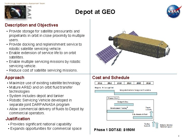 Depot at GEO Description and Objectives • Provide storage for satellite pressurants and propellants