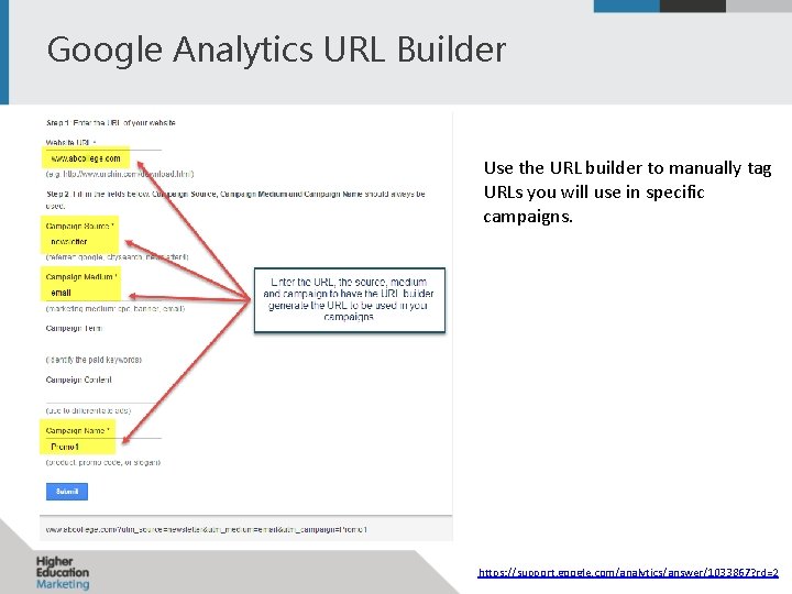 Google Analytics URL Builder Use the URL builder to manually tag URLs you will