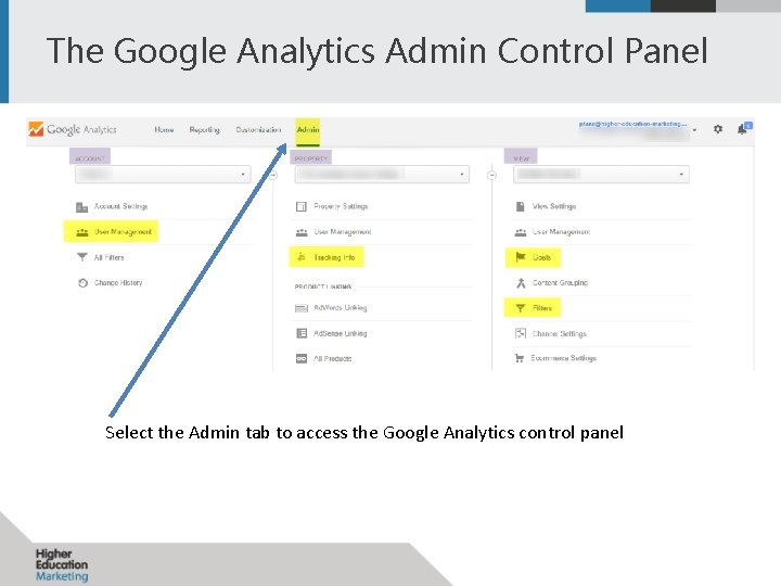 The Google Analytics Admin Control Panel Select the Admin tab to access the Google