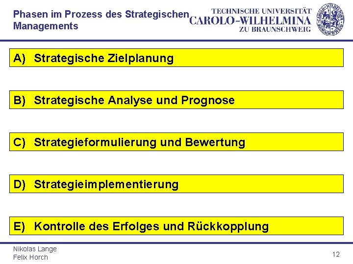 Phasen im Prozess des Strategischen Managements A) Strategische Zielplanung B) Strategische Analyse und Prognose