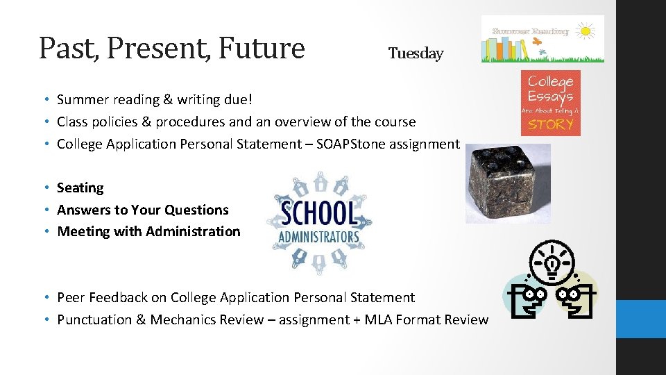 Past, Present, Future Tuesday • Summer reading & writing due! • Class policies &