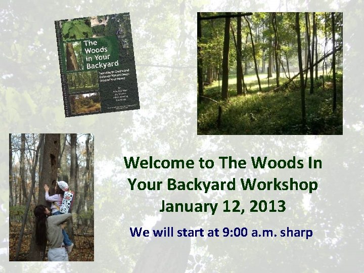 Welcome to The Woods In Your Backyard Workshop January 12, 2013 We will start