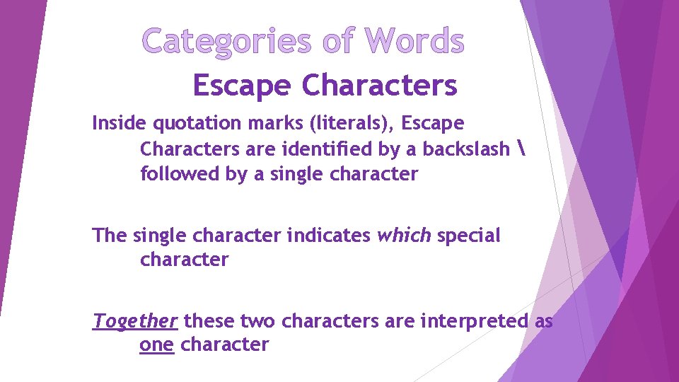 Categories of Words Escape Characters Inside quotation marks (literals), Escape Characters are identified by