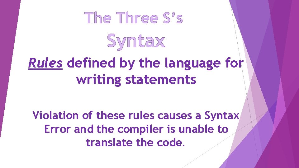 The Three S’s Syntax Rules defined by the language for writing statements Violation of