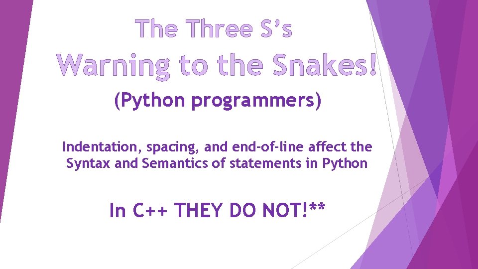 The Three S’s Warning to the Snakes! (Python programmers) Indentation, spacing, and end-of-line affect