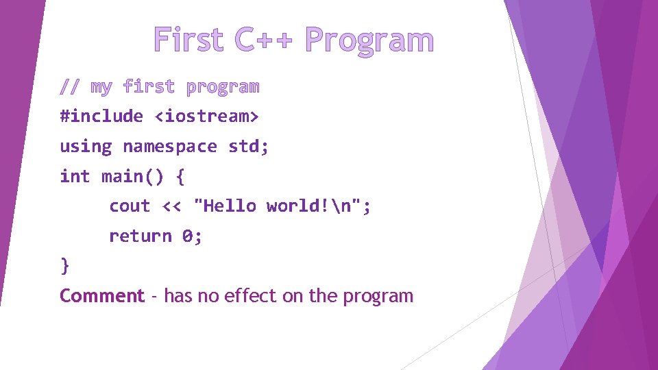 First C++ Program // my first program #include <iostream> using namespace std; int main()