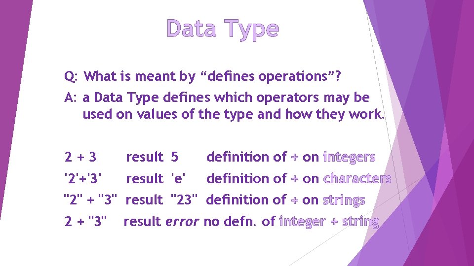 Data Type Q: What is meant by “defines operations”? A: a Data Type defines