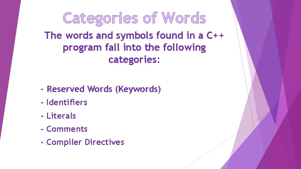 Categories of Words The words and symbols found in a C++ program fall into