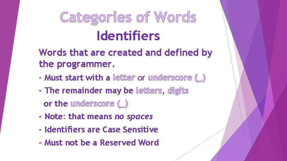 Categories of Words Identifiers Words that are created and defined by the programmer. -