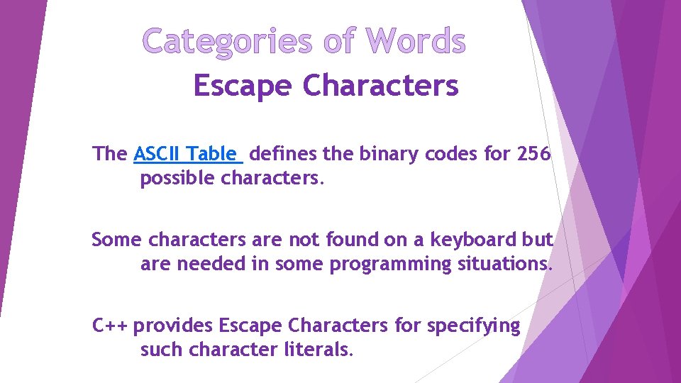 Categories of Words Escape Characters The ASCII Table defines the binary codes for 256