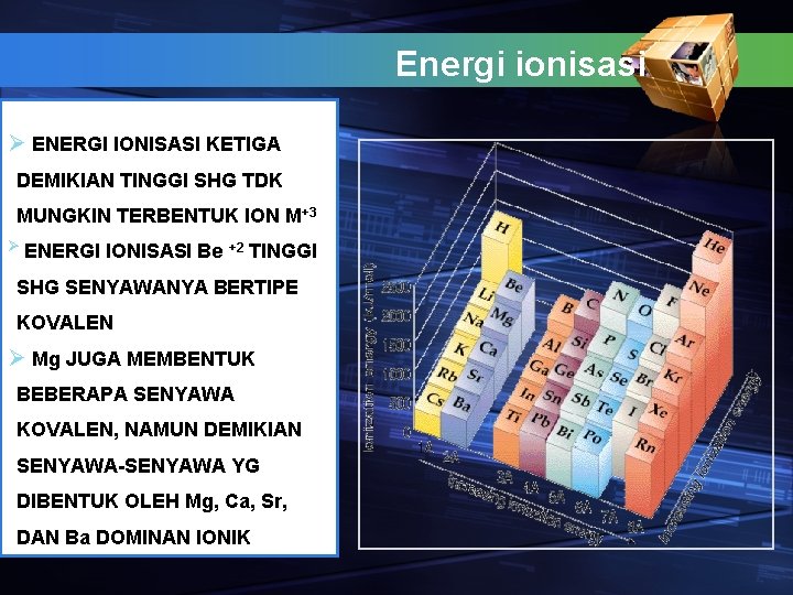 Energi ionisasi Ø ENERGI IONISASI KETIGA DEMIKIAN TINGGI SHG TDK MUNGKIN TERBENTUK ION M+3