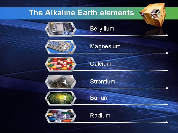 The Alkaline Earth elements 1 Beryllium 2 Magnesium 3 Calcium 4 Strontium 3 Barium