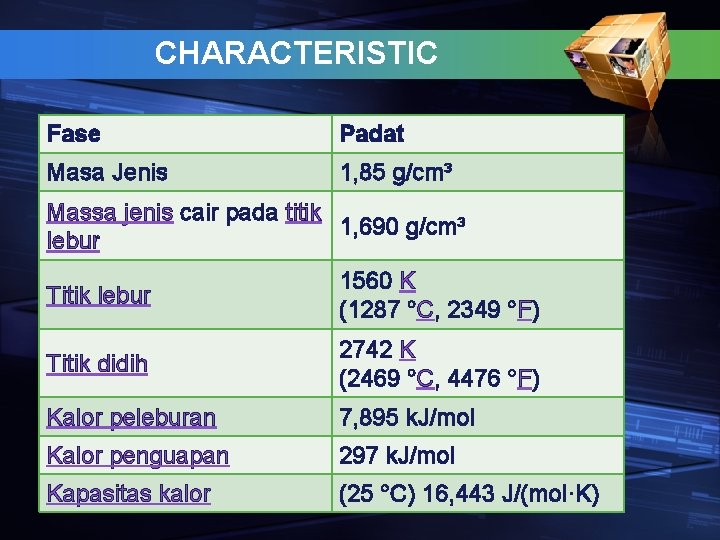 CHARACTERISTIC Fase Padat Masa Jenis 1, 85 g/cm³ Massa jenis cair pada titik 1,