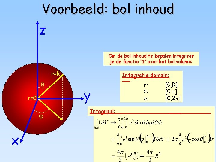 Voorbeeld: bol inhoud z Om de bol inhoud te bepalen integreer je de functie