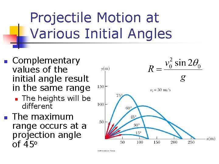 Projectile Motion at Various Initial Angles n Complementary values of the initial angle result Projectile Motion at Various Initial Angles n Complementary values of the initial angle result