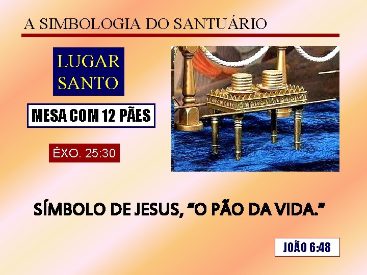 A SIMBOLOGIA DO SANTUÁRIO LUGAR SANTO MESA COM 12 PÃES ÊXO. 25: 30 SÍMBOLO