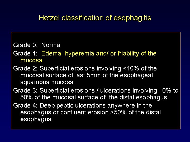 Hetzel classification of esophagitis Grade 0: Normal Grade 1: Edema, hyperemia and/ or friability