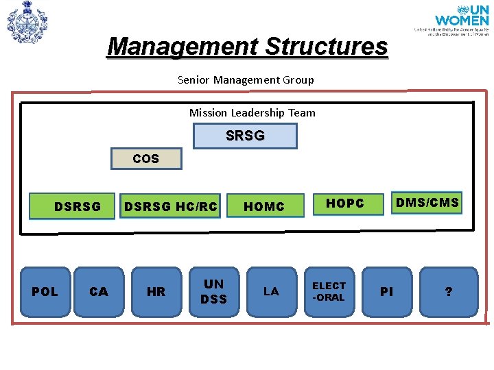 Management Structures Senior Management Group Mission Leadership Team SRSG COS DSRSG POL CA DSRSG