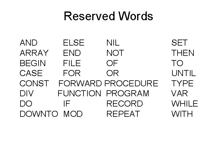 Reserved Words AND ELSE NIL ARRAY END NOT BEGIN FILE OF CASE FOR OR Reserved Words AND ELSE NIL ARRAY END NOT BEGIN FILE OF CASE FOR OR
