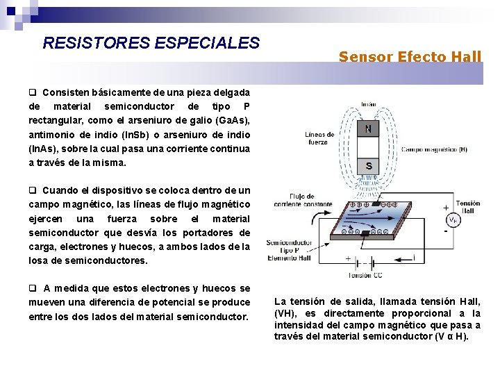 RESISTORES ESPECIALES Sensor Efecto Hall q Consisten básicamente de una pieza delgada de material