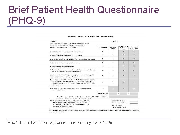 Brief Patient Health Questionnaire (PHQ-9) Mac. Arthur Initiative on Depression and Primary Care. 2009