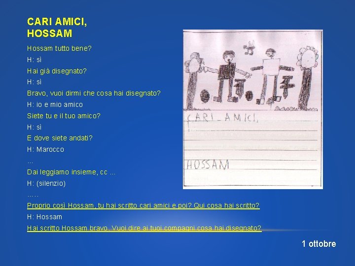 CARI AMICI, HOSSAM Hossam tutto bene? H: sì Hai già disegnato? H: sì Bravo,