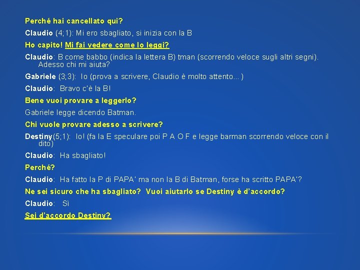 Perché hai cancellato qui? Claudio (4; 1): Mi ero sbagliato, si inizia con la