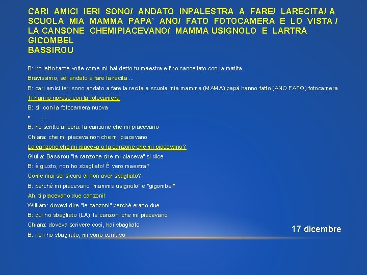 CARI AMICI IERI SONO/ ANDATO INPALESTRA A FARE/ LARECITA/ A SCUOLA MIA MAMMA PAPA’
