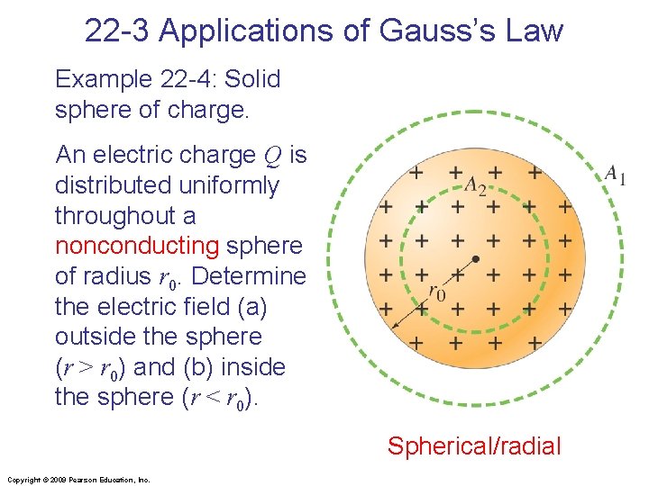 22 -3 Applications of Gauss’s Law Example 22 -4: Solid sphere of charge. An