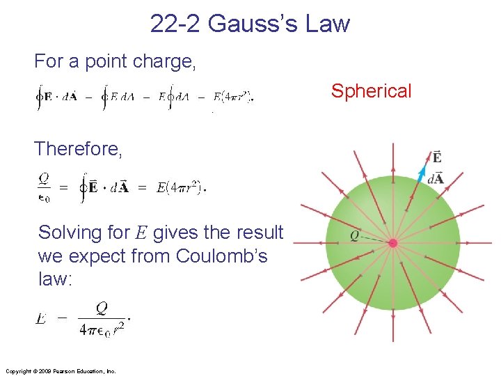 22 -2 Gauss’s Law For a point charge, Spherical Therefore, Solving for E gives