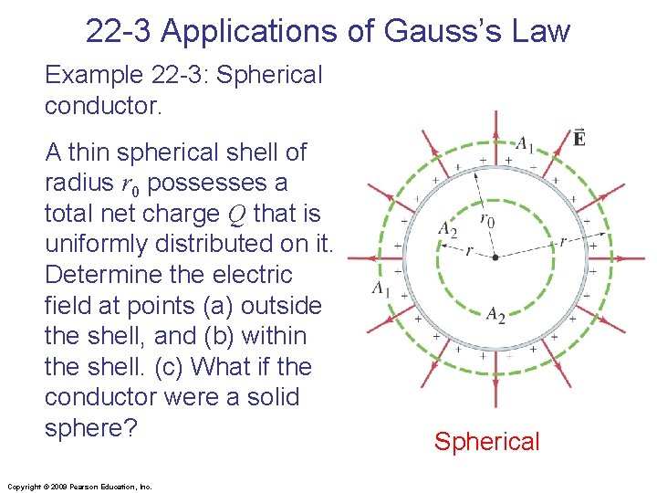 22 -3 Applications of Gauss’s Law Example 22 -3: Spherical conductor. A thin spherical