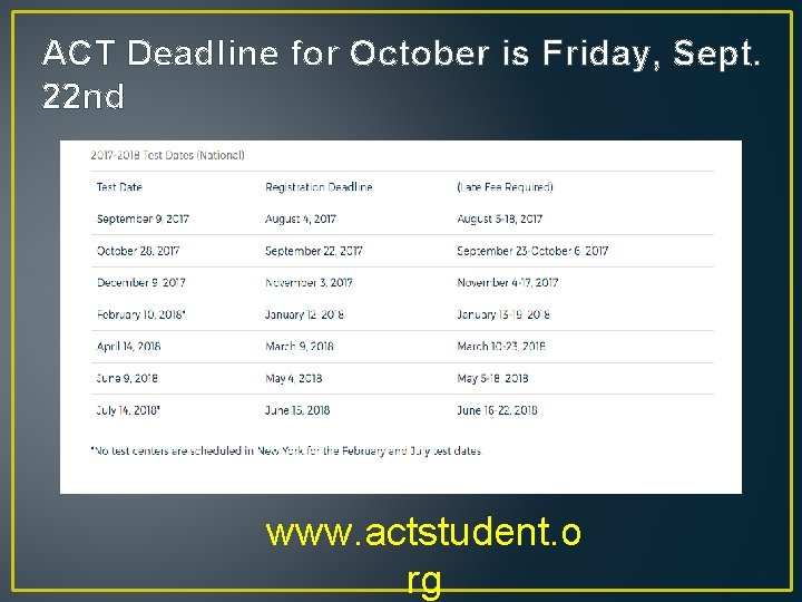 ACT Deadline for October is Friday, Sept. 22 nd www. actstudent. o rg 