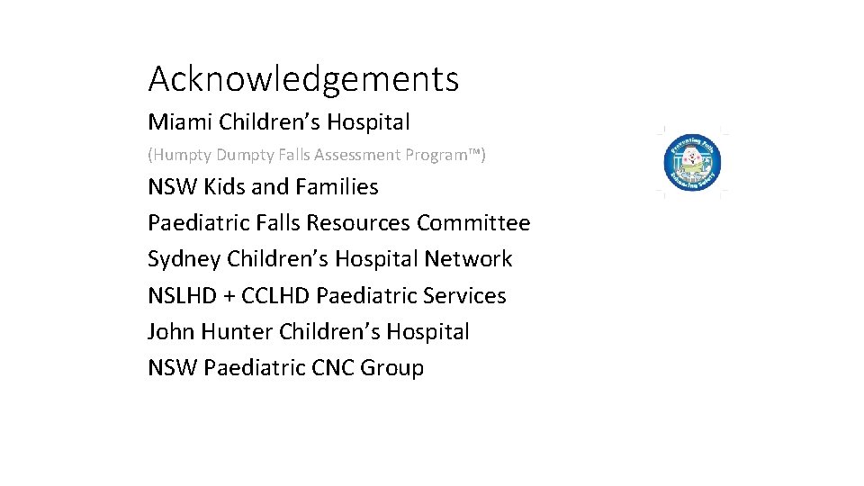 Acknowledgements Miami Children’s Hospital (Humpty Dumpty Falls Assessment Program™) NSW Kids and Families Paediatric