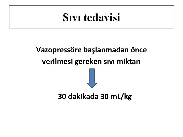Sıvı tedavisi Vazopressöre başlanmadan önce verilmesi gereken sıvı miktarı 30 dakikada 30 m. L/kg