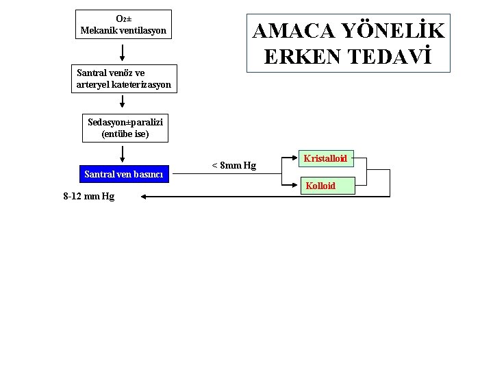 O 2± Mekanik ventilasyon Santral venöz ve arteryel kateterizasyon AMACA YÖNELİK ERKEN TEDAVİ Sedasyon±paralizi