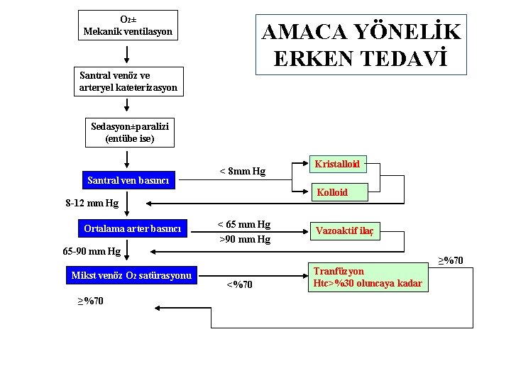 O 2± Mekanik ventilasyon AMACA YÖNELİK ERKEN TEDAVİ Santral venöz ve arteryel kateterizasyon Sedasyon±paralizi