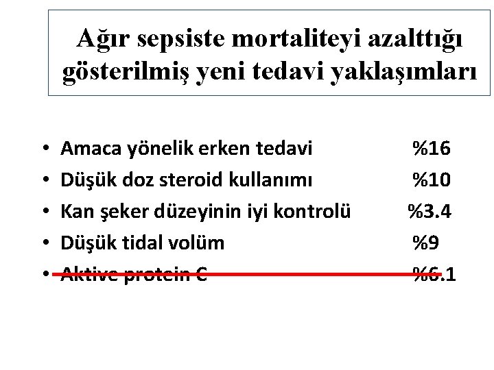 Ağır sepsiste mortaliteyi azalttığı gösterilmiş yeni tedavi yaklaşımları • • • Amaca yönelik erken