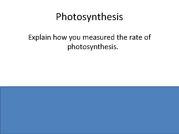 Photosynthesis Explain how you measured the rate of photosynthesis. Counted bubbles (or measure volume)