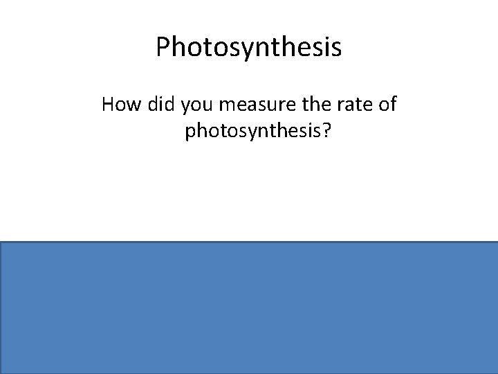 Photosynthesis How did you measure the rate of photosynthesis? Counted number of bubbles /
