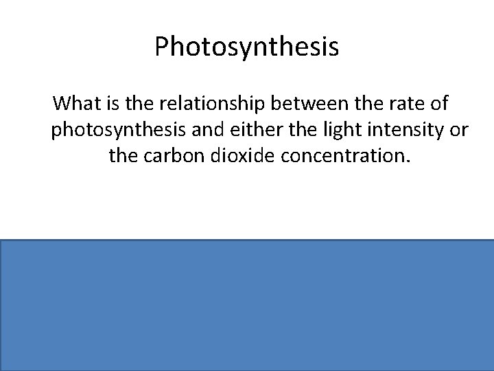Photosynthesis What is the relationship between the rate of photosynthesis and either the light