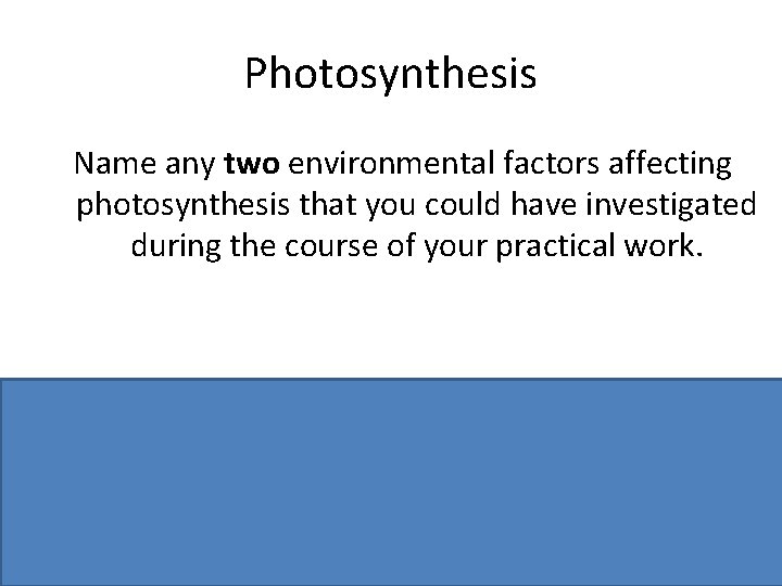 Photosynthesis Name any two environmental factors affecting photosynthesis that you could have investigated during