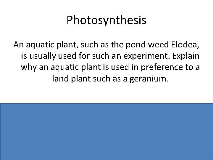 Photosynthesis An aquatic plant, such as the pond weed Elodea, is usually used for