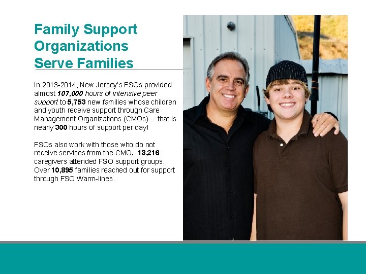 Family Support Organizations Serve Families In 2013 -2014, New Jersey’s FSOs provided almost 107,