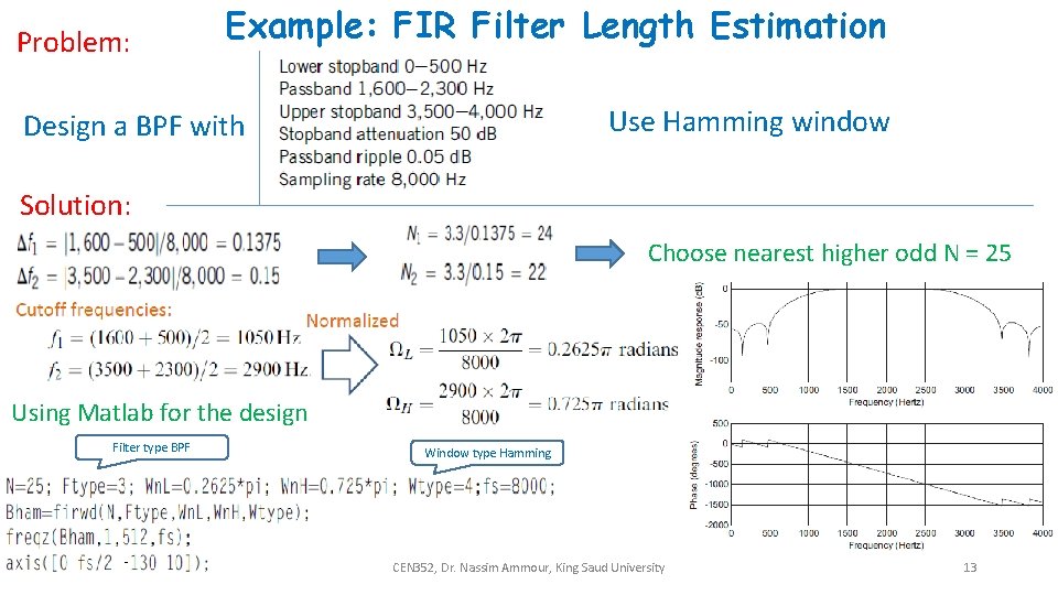 Problem: Example: FIR Filter Length Estimation Use Hamming window Design a BPF with Solution: