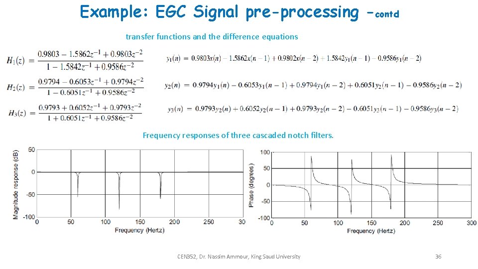 Example: EGC Signal pre-processing -contd transfer functions and the difference equations Frequency responses of